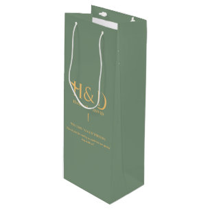 Salbeigrünes & Gold Monogramm Hochzeits-Willkommen Geschenktüte Für Weinflaschen