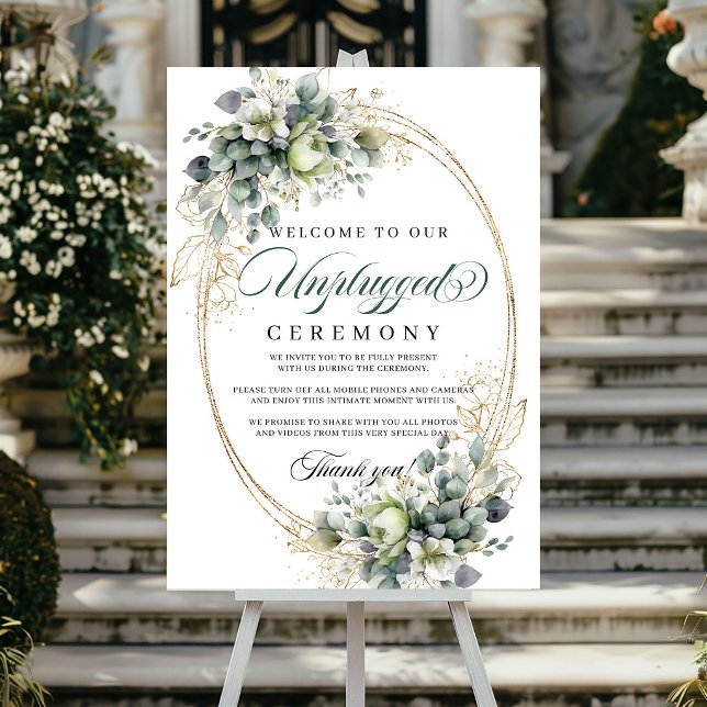 Salbeigrünes Greenery Unplugged Hochzeitsschild Poster (Sage Green Greenery Unplugged Wedding Sign)