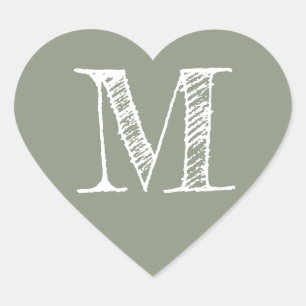 Salbeigrünes Herz Minimalistisches Monogramm Initi Herz-Aufkleber