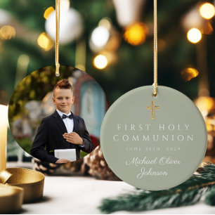 Salbeigrünes Kreuz Junge Erste Kommunion Foto Keramik Ornament