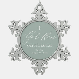 Salbeigrünes Kreuz Jungen-Taufe-Schneeflocken-Orna Schneeflocken Zinn-Ornament