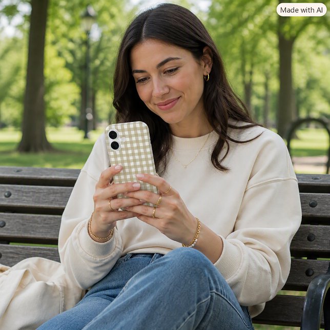Salbeigrünes und weißes Gingham-Karomuster iPhone 16 Hülle (A phone case with a sage green and white gingham plaid.)