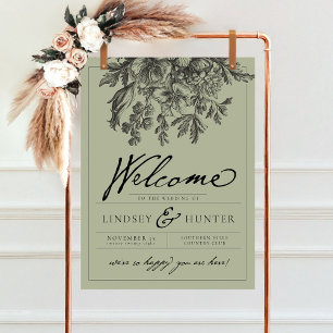 Salbeigrünes Vintage-Blumen-Script-Hochzeitswillko Poster