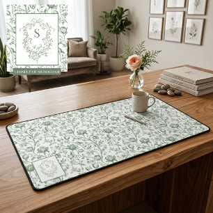 Salbeigrünes Vintage-Blumen-Toile-Monogrammwappen Schreibtischunterlage