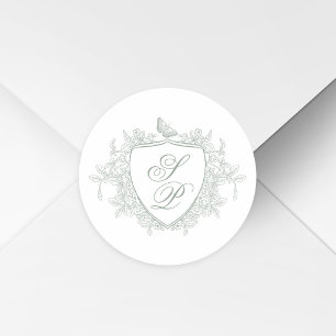 Salbeigrünes Wappen-Monogramm-Hochzeit Runder Aufkleber