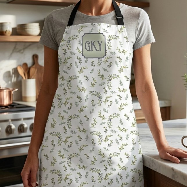 Salbeigrünes Wasserfarben-Monogramm Chic Oliven Mu Schürze (Von Creator hochgeladen)