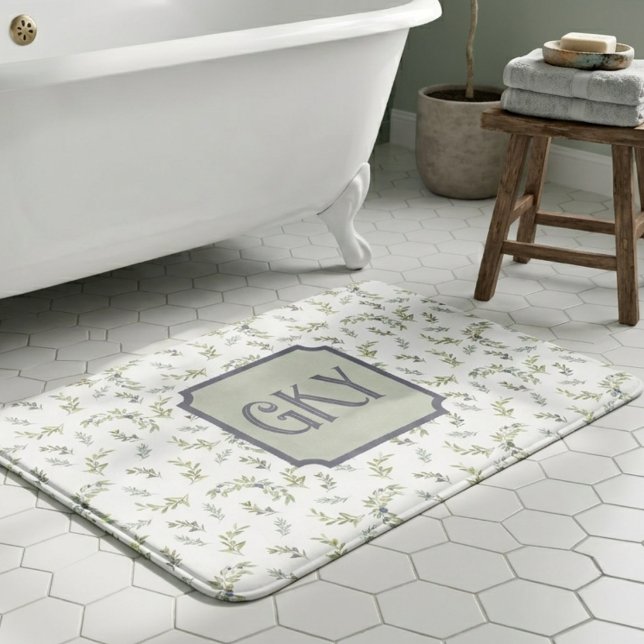 Salbeigrünes Wasserfarben-Monogramm Chic Olivenmus Badematte (Von Creator hochgeladen)