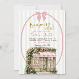 Salbeirosa gestreifte Pariser Café-Baby-Party Einladung