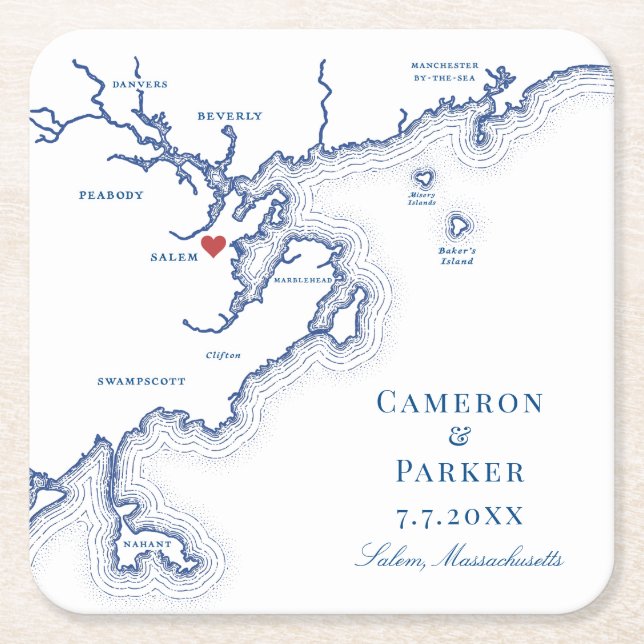 Salem MA Map Elegant Navy Blue Gastgeschenk Hochze Rechteckiger Pappuntersetzer (Vorderseite)