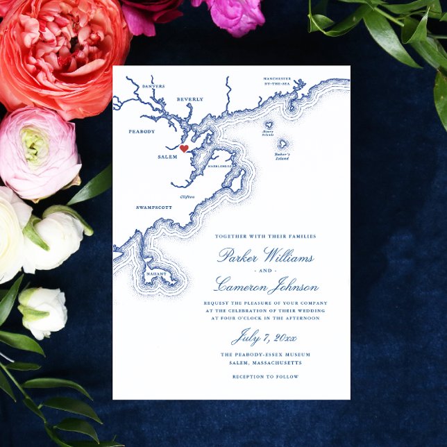 Salem MA North Shore Karte Elegant Navy Hochzeit (Salem MA Map Wedding invitation in elegant navy blue for a Peabody Essex Museum wedding)