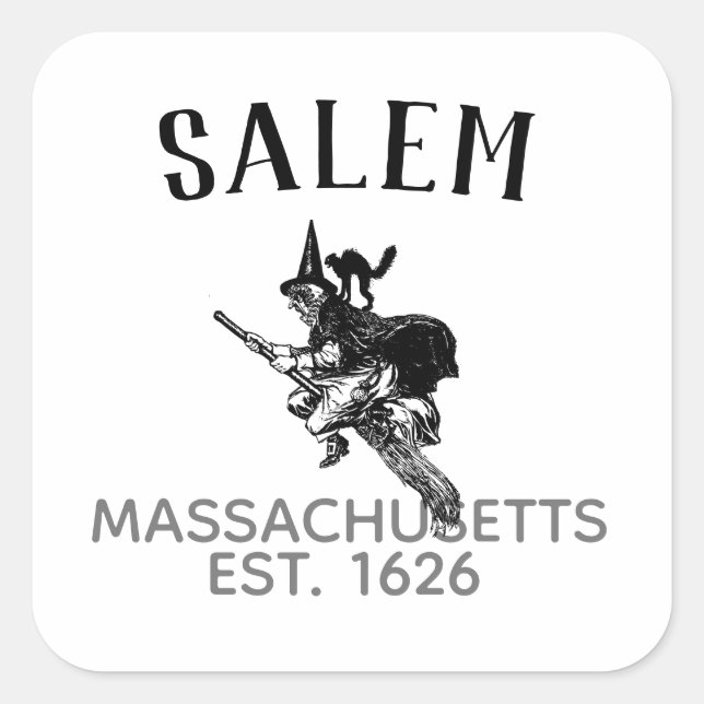 Salem Massachusetts halloween witz on broom & cat Quadratischer Aufkleber (Vorderseite)