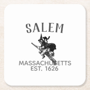 Salem Massachusetts halloween witz on broom & cat Rechteckiger Pappuntersetzer
