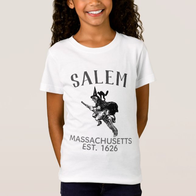 Salem Massachusetts Hexe auf Besen mit Katze, Mädc T-Shirt (Vorderseite)