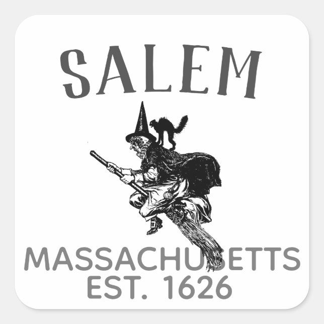 Salem Massachusetts Hexe auf Besen mit Katze Quadratischer Aufkleber (Vorderseite)