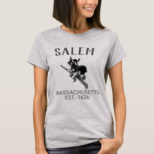Salem Massachusetts Hexe auf Besen mit Katze T-Shirt