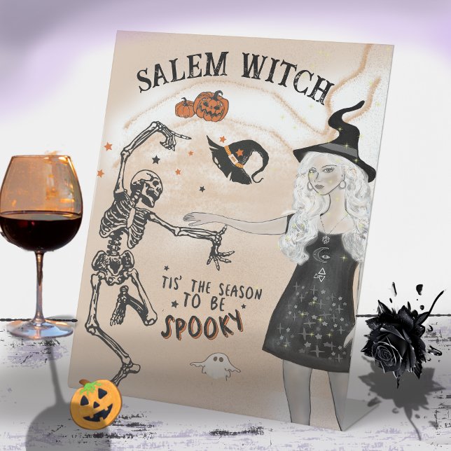 Salem Witch tanzt mit SKeleton Bar Sign Sockelschild (Salem Witch dancing with SKeleton Bar Sign)