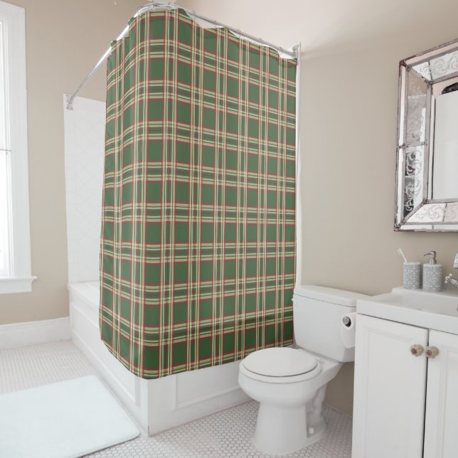 Salle de bain Rustique Vert Plaid rideau de douche (En situation)