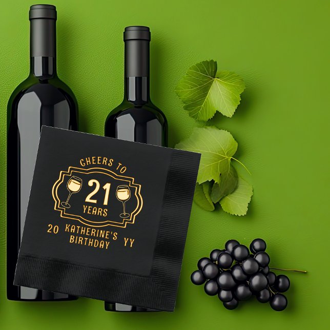 Salles de vin à 21 ans Anniversaire Nom ("Cheers to 21 Years" wine Glasses 21st Birthday with Name and Year Stamped Foil Napkins)