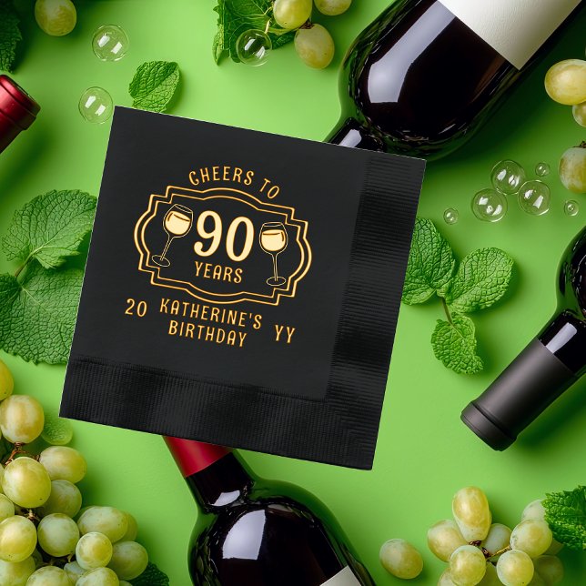 Salles de vin à 90 ans Anniversaire Nom ("Cheers to 90 Years" wine Glasses 90th Birthday with Name and Year Stamped Foil Napkins)