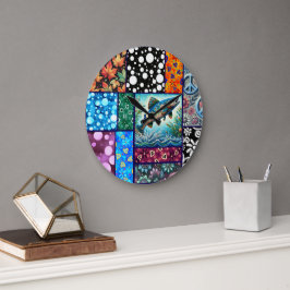 Salmon Crazy Quilt Floral Whimsical Colorful Große Wanduhr