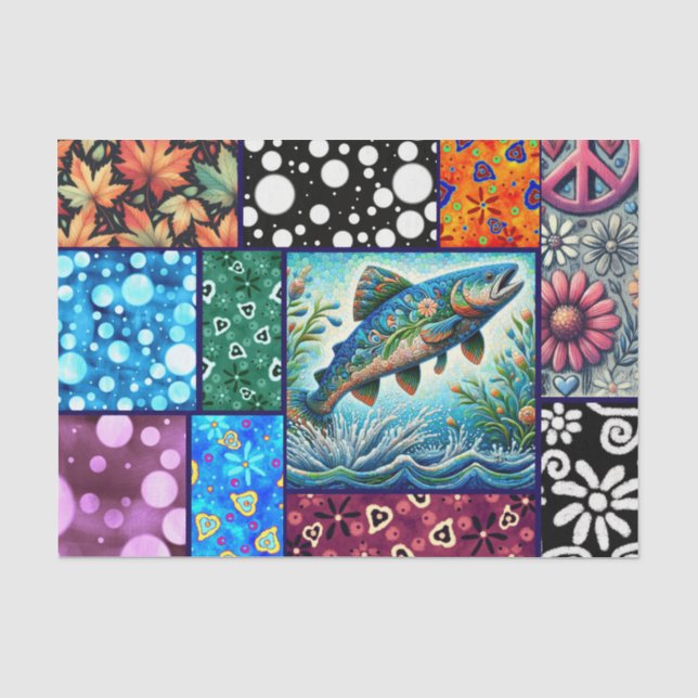 Salmon Crazy Quilt Floral Whimsical Decoupage Seidenpapier (Vorderseite)
