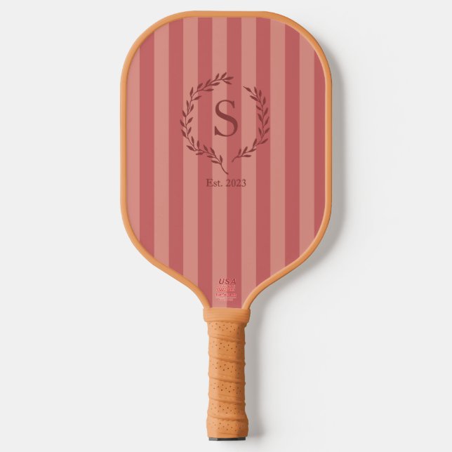 Salmon Stripes Monogram Est Year Preppy Pickleball Schläger (Vorderseite)