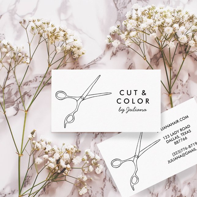 Salon Chic Schere Bar-Lounge Bar viale Visitenkarte (Hair Stylist Salon Chic Scissors Line Art Minimal Business Card
Simple Black and White Elegant)