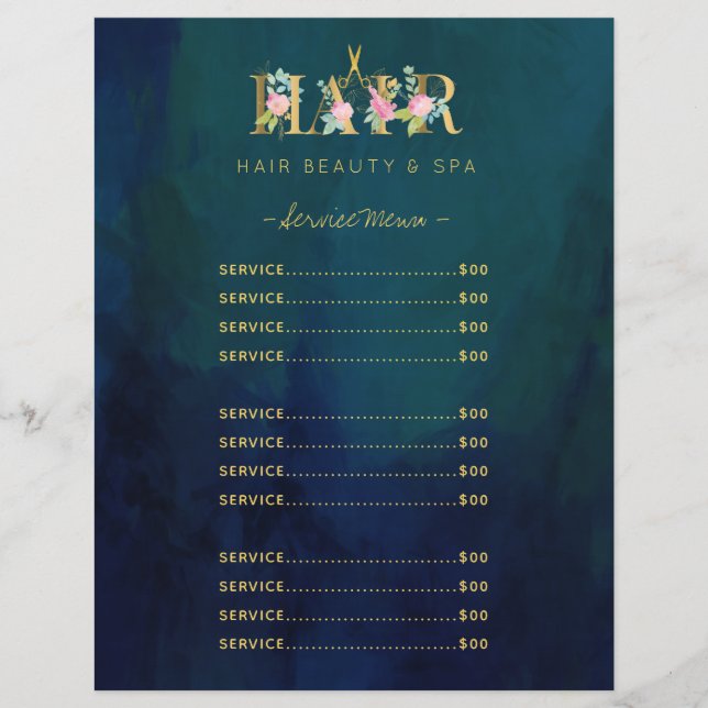 Salon de coiffure de luxe service menu marine vint (Devant)