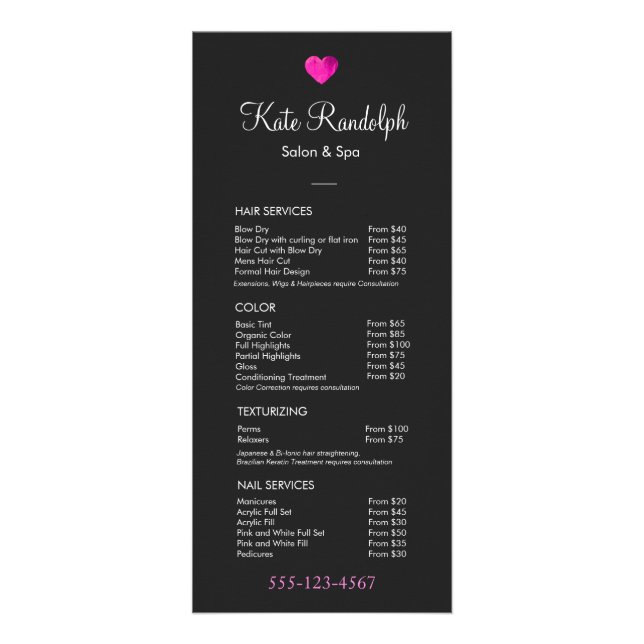 Salon de coiffure rose Black Price List Menu (Devant)