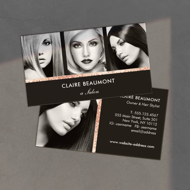 Salon Foto Card Moderne Rose Gold Schwarz Visitenkarte (Von Creator hochgeladen)
