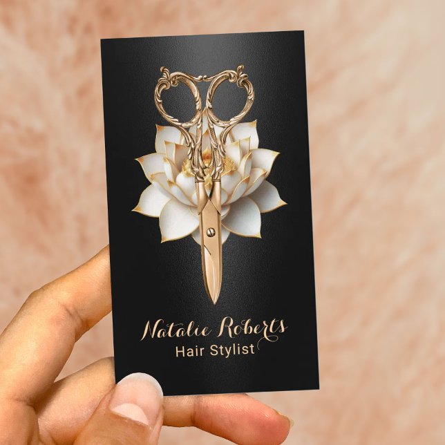 Salon für Haarstühle Goldschere & Lotus Blume Visitenkarte (Von Creator hochgeladen)