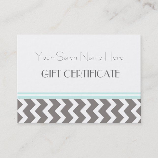 Salon-Geschenk-Zertifikat-Aqua-graues Zickzack Rabattkarte (Vorderseite)