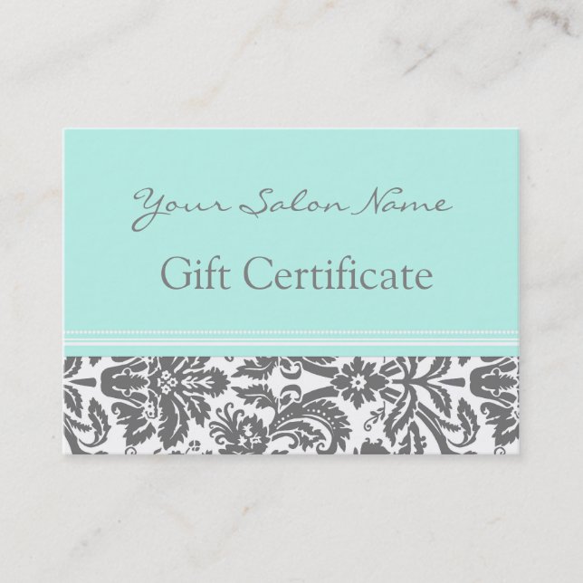 Salon Gift Certificate Aqua Grau Damask Rabattkarte (Vorderseite)
