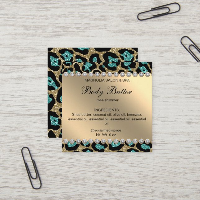 Salon Glitzer Leopard Aquamarin Quadratische Visitenkarte (Vorderseite/Rückseite Beispiel)