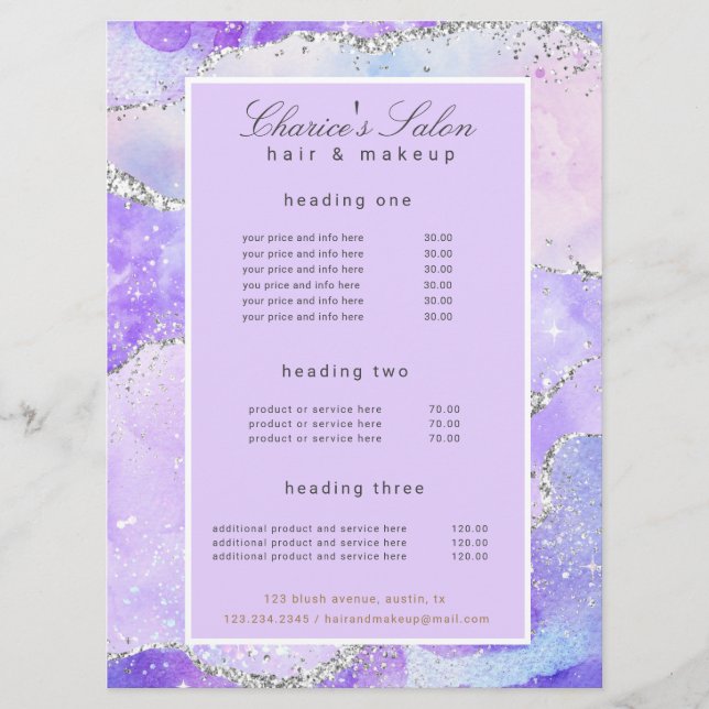 Salon lila Silbertablette Glitzer Preiskarte Menükarte (Vorderseite)