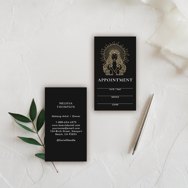 Salon Makeup Hair Nails Mystic Tarot Gold Black Terminkarte (hair salon appointment card mystical tarot celestial beauty makeup nails lashes stylist beauty)