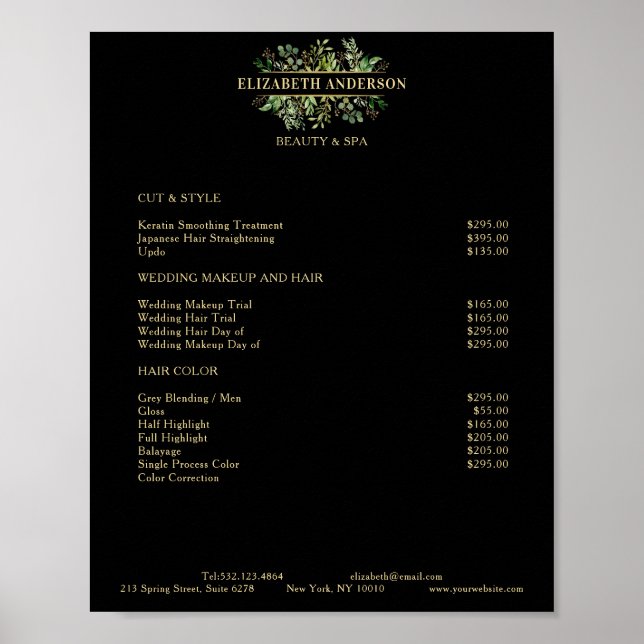 Salon Modern Botanik Black Price List Poster (Vorne)