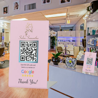 Salon Pastel Pink Google Review Stand Sockelschild
