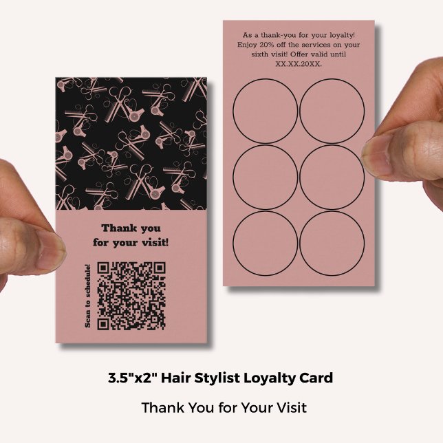 Salon Pink & Black Hair Tools Muster QR Vielen Dan Treuekarte (Salon Pink & Black Hair Tools Pattern QR Thank You Loyalty Card; Standard Size: 3.5x2 Inch)