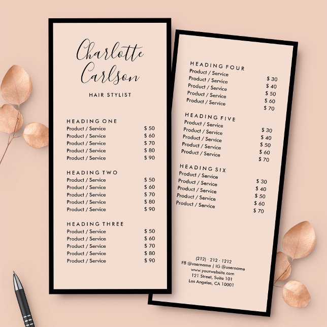 Salon Price Service List Elegantes Rosa Werbekarte (Von Creator hochgeladen)