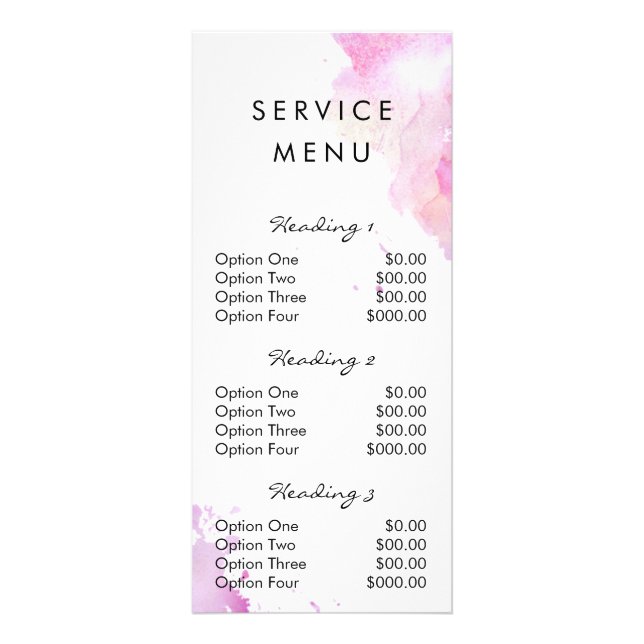 Salon-Service-Menü Aquarellfarbe Spritzer Werbekarte (Vorne)