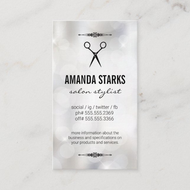 Salon Shears | Hintergrund von Bokeh Sparkle Visitenkarte (Vorderseite)