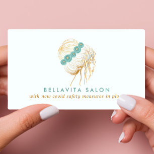 Salon Teal Gold Floral Updo Stylist Covid Sicherhe Visitenkarte