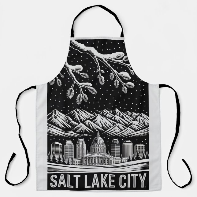 Salt Lake City Skyline Black and White Woodcut  Schürze (Vorderseite)