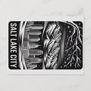 Salt Lake City Skyline Schwarz-Weiß-Holzschnitt  Postkarte