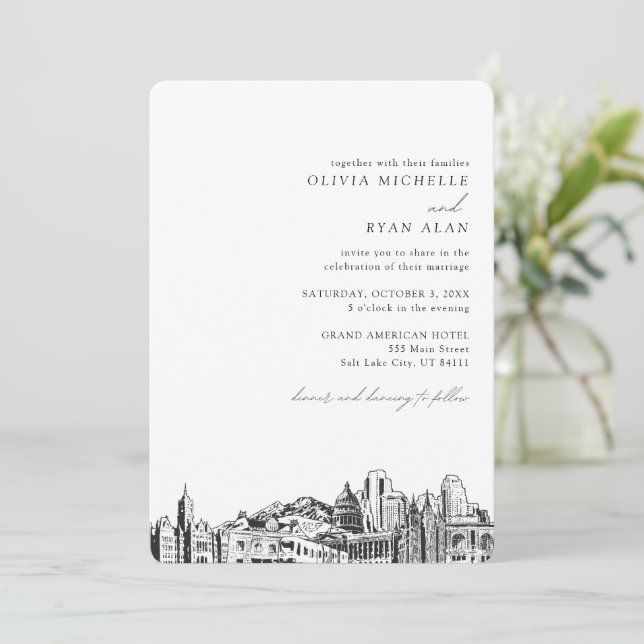 Salt Lake City Wedding Elegante Skyline Einladung (Stehend Vorderseite)