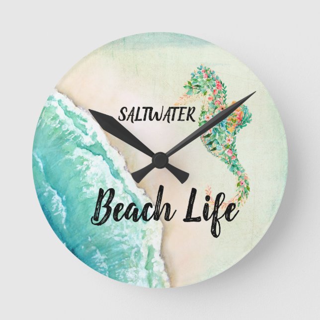 Saltwater Beach Life Seepferd Runde Wanduhr (Vorderseite)