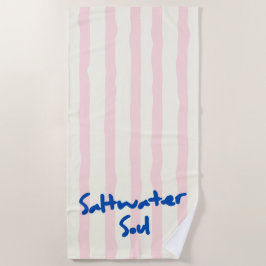 'Saltwater Soul' Sanftes Rosa und Creme gestreift Strandtuch