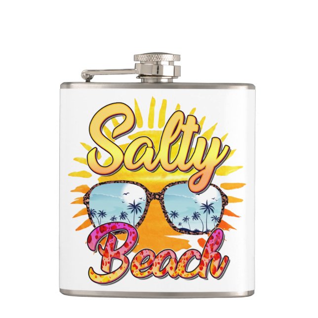 Salty Beach | Tropische Sonne und Palmen Flachmann (Vorderseite)