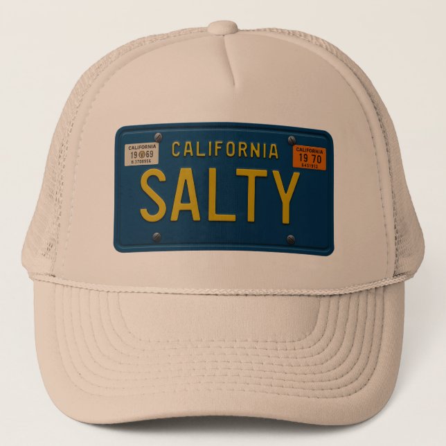 Salty -Retro 1969 California License Plate Graphic Truckerkappe (Vorderseite)